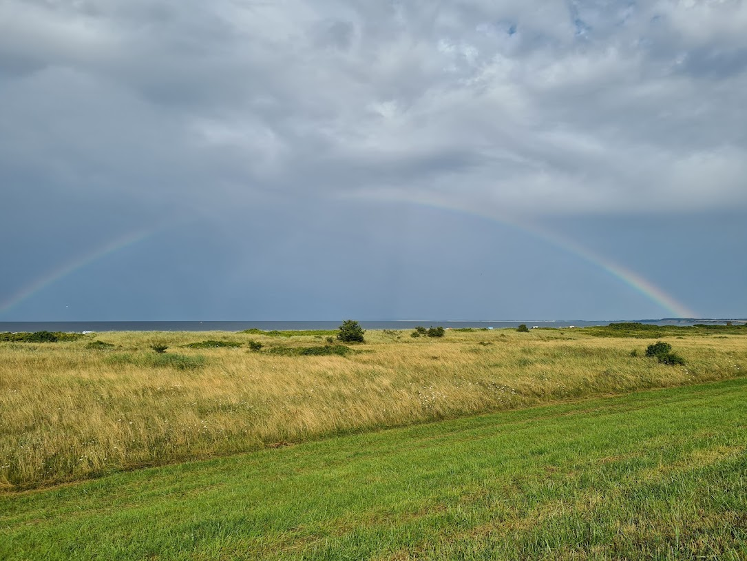 A full rainbow above the sea in the horizon, with lush grassland in the foreground